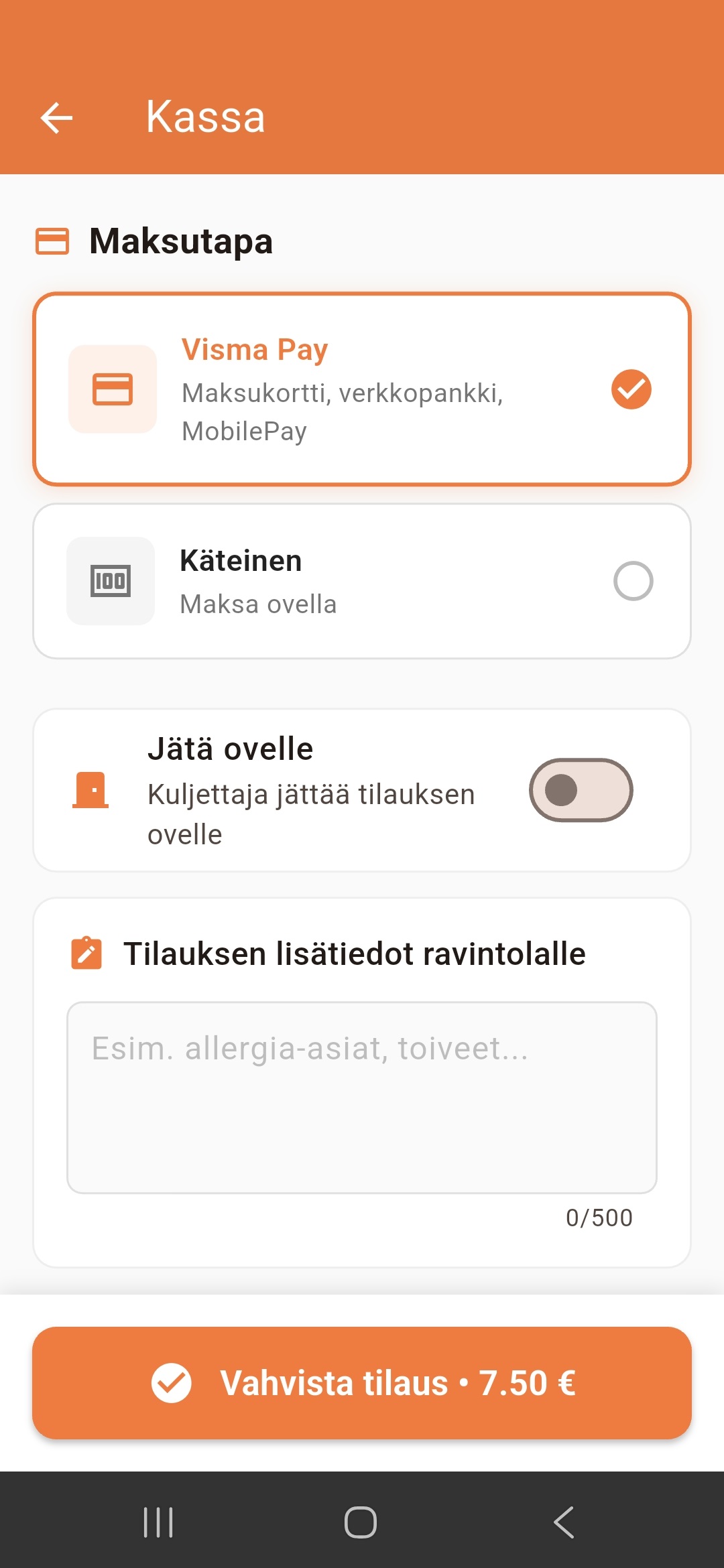 Safka-kassa ja maksutapa